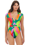 Sanctuary Swimwear Bold Beach Cap Sleeve Plunging One Piece Tank